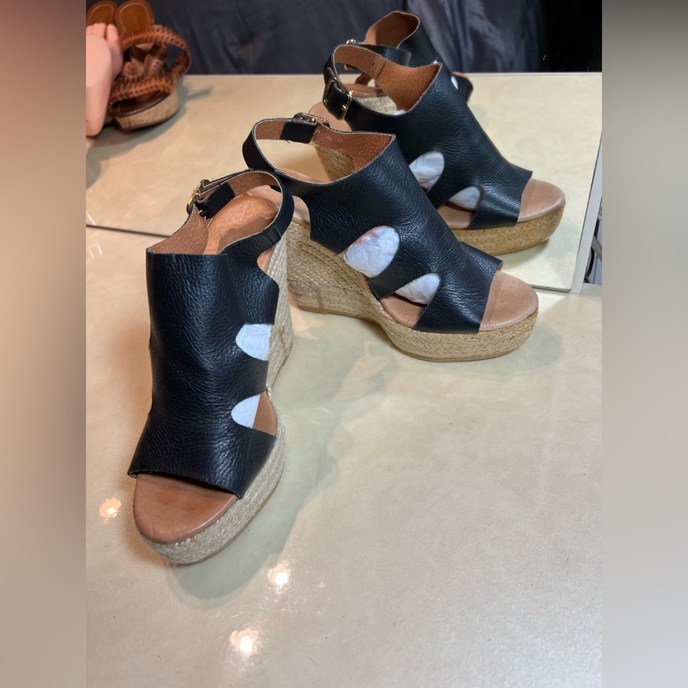 275 Central Espadrilles Wedge Black Leather sandals Size 36